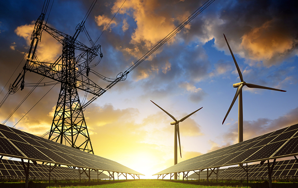 Solar panels with wind turbines and electricity pylon at sunset.
