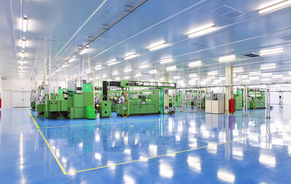 Brightly lit industrial space with equipment